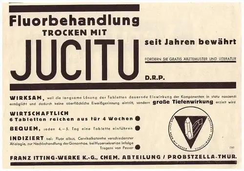 original Werbung - 1938 - Probstzella in Thüringen , Franz Itting Werke , Fluorbehandlung , Arzt , Apotheke !!!
