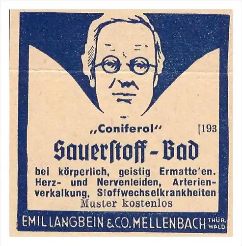 original Werbung - 1938 - Sauerstoffbad , Emil Langbein & Co in Mellenbach , Mellenbach-Glasbach !!!
