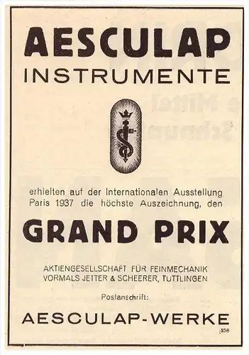 original Werbung - 1938 - Aesculap-Werke , Äsculap , Instrumente , Arztbesteck , Äskulap , Tuttlingen !!!