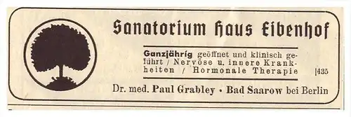 original Werbung - 1938 - Sanatorium Eibenhof , Bad Saarow b. Berlin , Dr. Paul Grabley !!!
