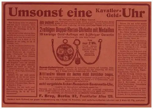 original Werbung - 1911 - Kavalier-Uhr mit Medaillon , F. Brey in Berlin , Uhrmacher , 18 Karat Gold !!!