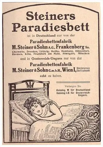original Werbung - 1911 - Steiners Paradiesbett , Frankenberg i. Sa. , M.Steiner , Bettenfabrik , Bettenhaus !!!