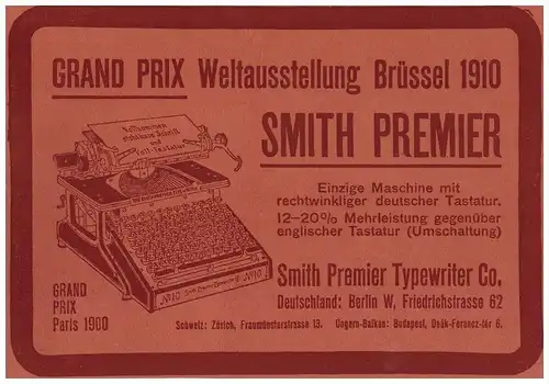 original Werbung - 1911 - Smith Premier Typewriter , Berlin , Schreibmaschine !!!