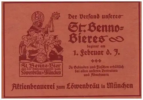 original Werbung - 1911 - Brauerei zum Löwenbräu in München , St. Benno Bier  !!!