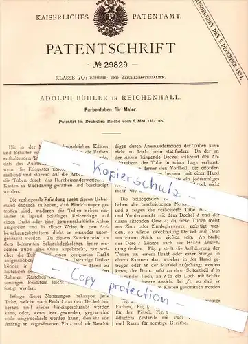 Original Patent - Adolph Bühler in Bad Reichenhall , 1884 ,  Farbentuben für Maler , Malerei !!!