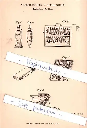 Original Patent - Adolph Bühler in Bad Reichenhall , 1884 ,  Farbentuben für Maler , Malerei !!!