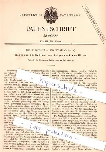 Original Patent - Josef Staud in Zwittau / Svitavy , 1884 , Schlag- und Zeigerwerk von Uhren , Mähren !!!