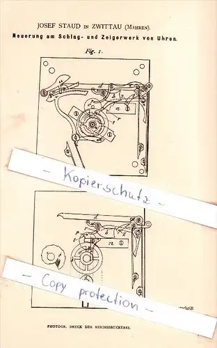 Original Patent - Josef Staud in Zwittau / Svitavy , 1884 , Schlag- und Zeigerwerk von Uhren , Mähren !!!