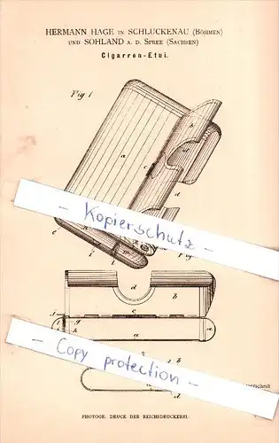 Original Patent - H. Hage in Schluckenau / Sluknov und Sohland a. d. Spree , 1884 , Cigarren-Etui