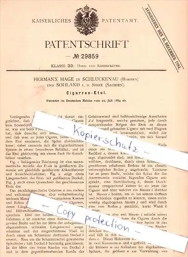 Original Patent - H. Hage in Schluckenau / Sluknov und Sohland a. d. Spree , 1884 , Cigarren-Etui