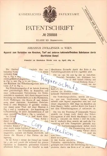 Original Patent - A. Zwillinger in Wien , 1884 , Apparat zum Verkohlen von Knochen  !!!