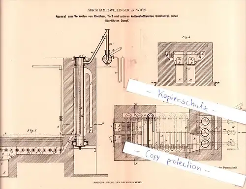 Original Patent - A. Zwillinger in Wien , 1884 , Apparat zum Verkohlen von Knochen  !!!