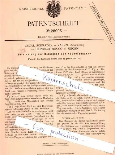 Original Patent - O. Schrader in Zabrze , Schlesien und H. Macco in Siegen , 1884 , !!!