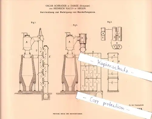 Original Patent - O. Schrader in Zabrze , Schlesien und H. Macco in Siegen , 1884 , !!!