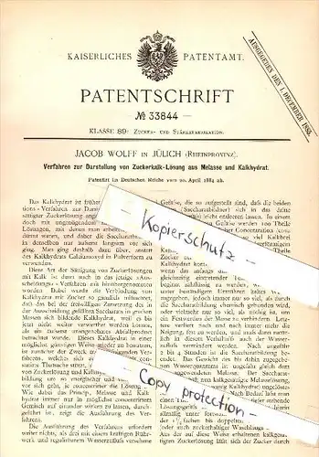 Original Patent - Jacob Wolff in Jülich b. Düren , 1884 , Darstellung von Zuckerkalk-Lösung , Zucker !!!