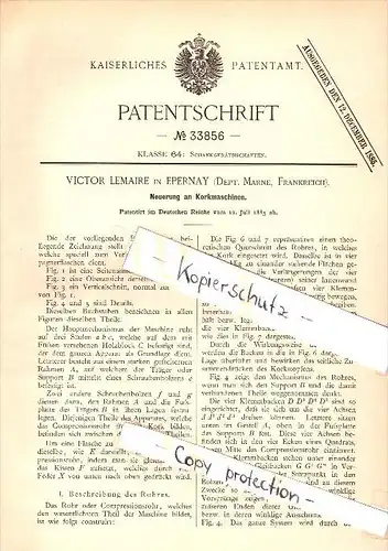 Original Patent - Victor Lemaire à Epernay , Marne , 1885 , Machine pour liège !!!