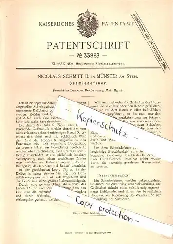 Original Patent - Nikolaus Schmitt in Bad Münster am Stein-Ebernburg , 1885 , Schmiedefeuer , Scmiede , Schmied !!!