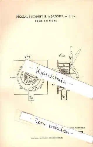 Original Patent - Nikolaus Schmitt in Bad Münster am Stein-Ebernburg , 1885 , Schmiedefeuer , Scmiede , Schmied !!!