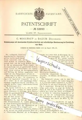 Original Patent - C. Mollerup in Dalum Sogn , Dänemark , 1884 , Schmierpumpe mit Schaltwerk !!!
