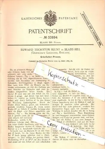 Original Patent - Edward Thornton Blunt in Blaby Hill , Leicester , 1885 , Press for foraging !!!