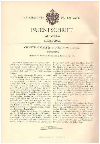 Original Patent -  Ch. Walter in Malchow i. Mecklenburg , 1900 , Feuer - Zugregler , Heizungsbau , Heizung , Feuerwehr !