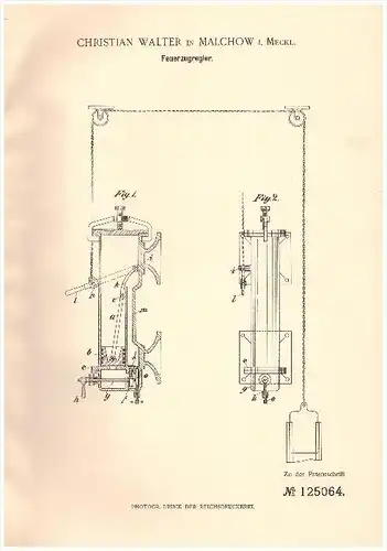 Original Patent -  Ch. Walter in Malchow i. Mecklenburg , 1900 , Feuer - Zugregler , Heizungsbau , Heizung , Feuerwehr !