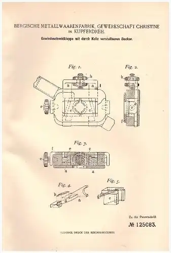 Original Patent - Bergische Metallwaarenfabrik in Kupferdreh , 1900 , Gewindeschneidkluppe , Metallbau , Essen !!!