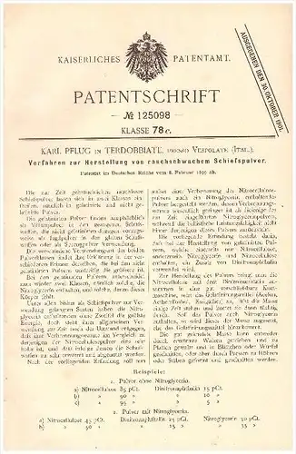 Original Patent -  Karl Pflug in Terdobbiate , presso Vespolate , 1899 , Produzione di polvere da sparo senza fumo !!!