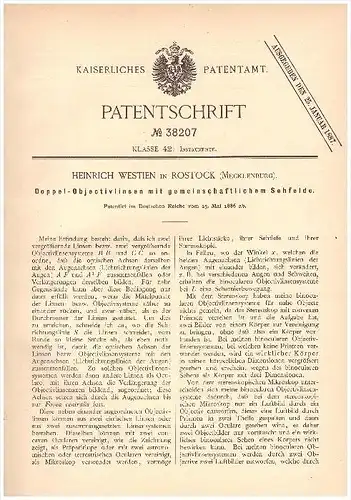 Original Patent - Heinrich Westien in Rostock i. Mecklenburg , 1886 , Doppel - Objectivlinsen , Augen , Optiker , Linse