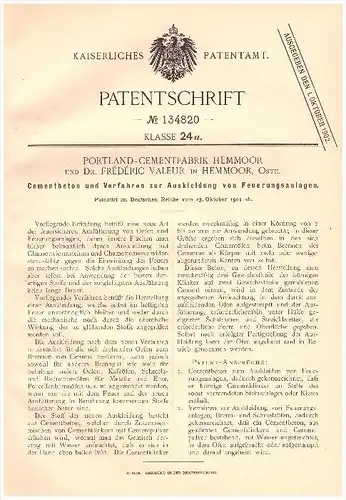 original Patent - Dr. Frederic Valeur in Hemmoor , Oste ,1901, Cementbeton für Feuerungsanlagen , Heizungsbau , Portland