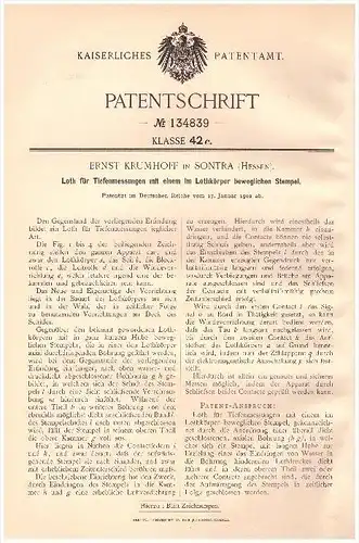 original Patent - Ernst Krumhoff in Sontra , 1902 , Loth für Tiefenmessung , Tiefbau , Hessen !!!