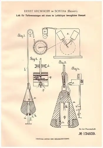 original Patent - Ernst Krumhoff in Sontra , 1902 , Loth für Tiefenmessung , Tiefbau , Hessen !!!