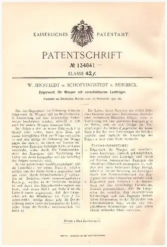 original Patent - W. Jennfeldt in Schönningstedt b. Reinbek , 1901 , Zeigerwerk für Waagen , KFZ , LKW , Eisenbahn !!!