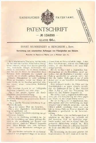 original Patent - Ernst Mummendy in Bergheim a. Erft , 1901 , Aufsauger für Alkohol !!!