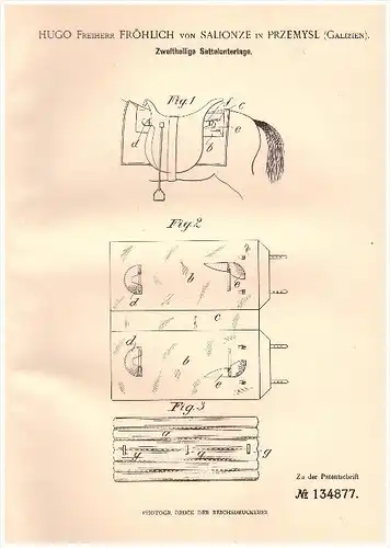 original Patent - Hugo Freiherr Fröhlich von Salionze in Przemysl , 1901 , Sattel - Unterlage , Pferde , Pferd !!!