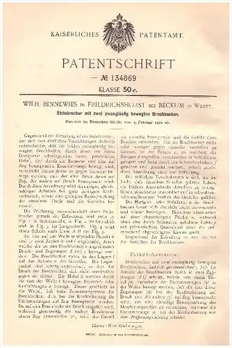 original Patent - W. Binnewies in Friedrichshorst b. Beckum i. Westf., 1902 , Steinbrecher , Steinbruch , Bergbau !!!