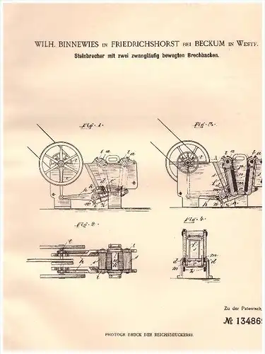 original Patent - W. Binnewies in Friedrichshorst b. Beckum i. Westf., 1902 , Steinbrecher , Steinbruch , Bergbau !!!