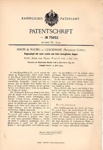 Original Patentschrift - Simon & Halbig in Gräfenhain b. Ohrdruf ,1890, Puppenkopf mit beweglichen Augen , Puppe , Gotha