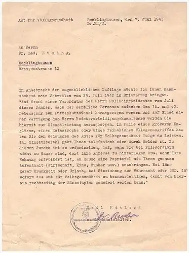 Dokument Amt für Volksgesundheit - Recklinghausen , 1943, Dr. med. Hüning , Luftschutz , Fliegeralarm , Wehrmacht , SHD