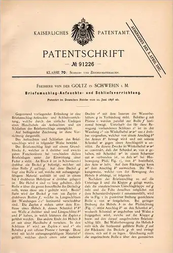 Original Patentschrift - Freiherr von der Goltz in Schwerin i.M.,1896, Briefumschlag - Anfeuchtvorrichtung , Mecklenburg