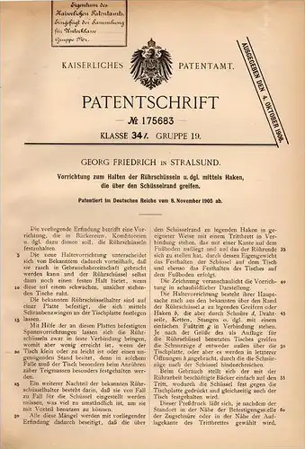 Original Patentschrift - Georg Friedrich in Stralsund , 1905 , Rührschüssel - Halterung , Bäcker , Bäckerei , Konditor !