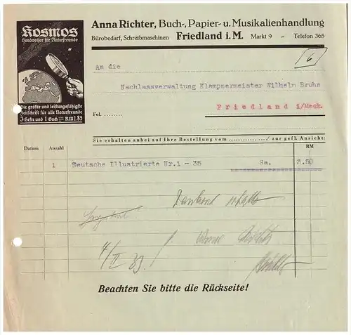 uralte Rechnung 1932 - Buchhandlung und Musikalien , A. Richter in Friedland , Mecklenburg !!! Deutsche Illustrierte !!
