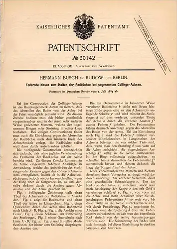 Original Patentschrift - H. Busch in Rudow b. Berlin , 1884 , Construction für Collinge - Achsen , Wagenbau !!!
