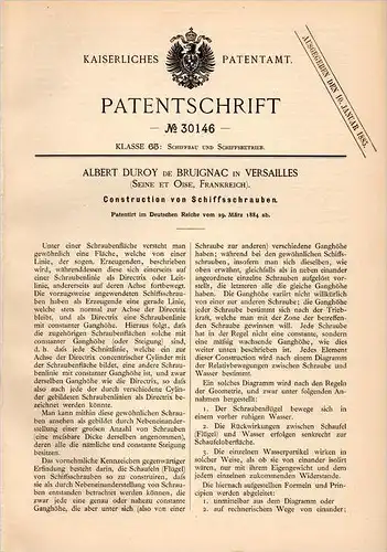 Original Patentschrift - A. Duroy de Bruignac à Versailles , 1884 , Construction d'hélices, bateau !!!