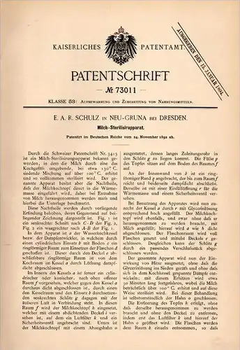 Original Patentschrift - E.A. Schulz in Neugruna b. Dresden , 1892 , Milch - Sterilisierapparat !!!