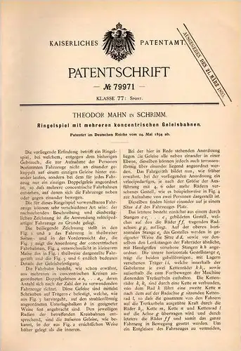 Original Patentschrift - Th. Mann in Schrimm / Srem , 1894 , Ringelspiel mit Gleis , Karussell , Kirmes , Jahrmarkt !!!