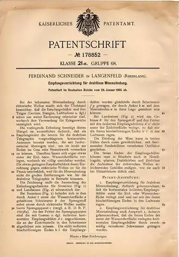 Original Patentschrift - F. Schneider in Langenfeld b. Mettmann , 1905, drahtlose Minenzündung für Krieg , Sprengung !!!