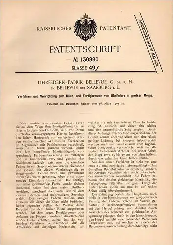 Original Patentschrift - Uhrfedern - Fabrik in Bellevue dans Sarrebourg i. Lothringen , 1901 , Ressorts pour montres , S