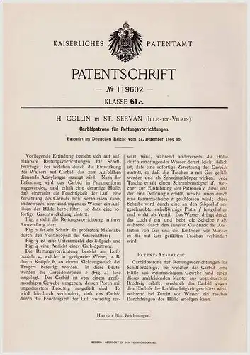 Original Patentschrift - H. Collin in Saint Servan , Ille et Vilain ,1899 ,Carbidpatrone zur Rettung aus Wasser , Seenot
