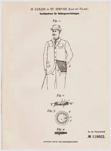 Original Patentschrift - H. Collin in Saint Servan , Ille et Vilain ,1899 ,Carbidpatrone zur Rettung aus Wasser , Seenot